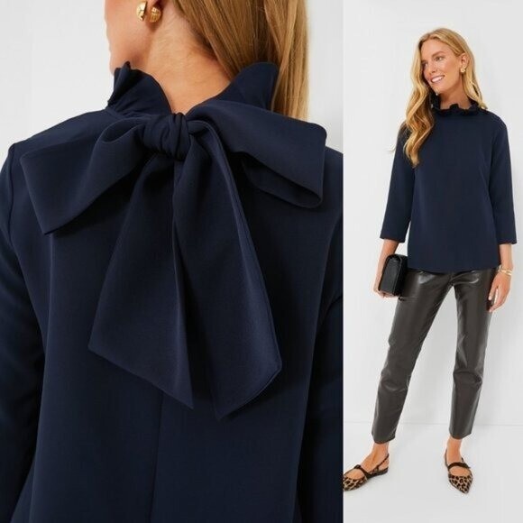 Tuckernuck NEW Navy Faye Preppy Bow Ruffle Collar 3/4 Sleeve Blouse Size XXS